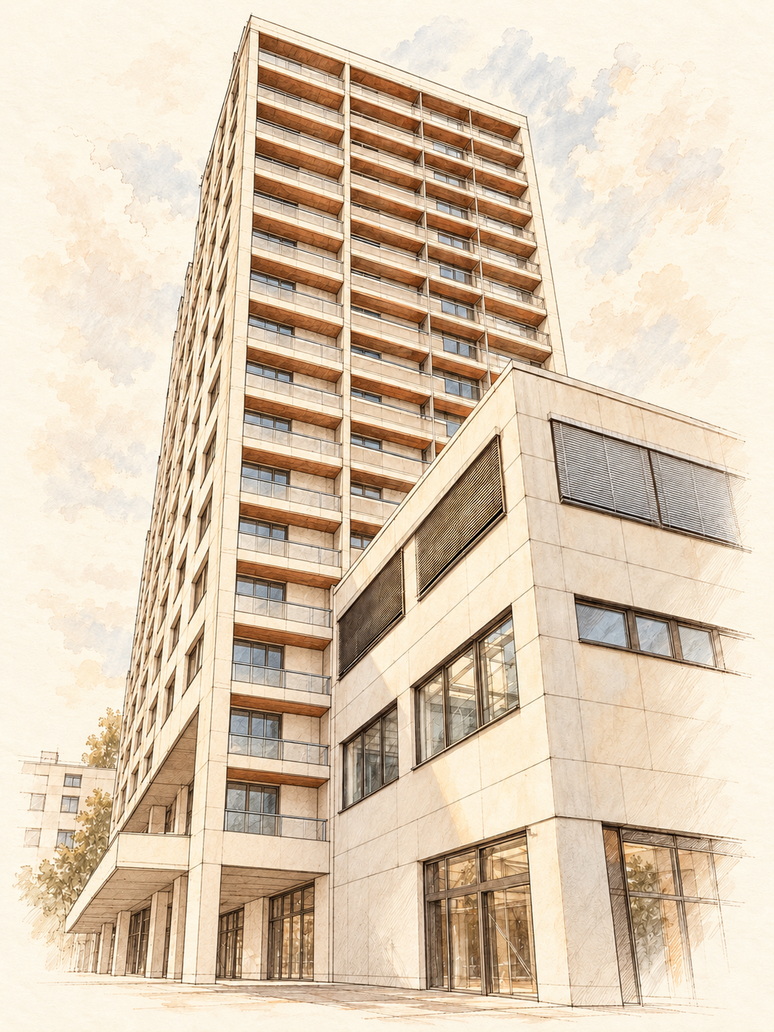 Künstlerische Architekturskizze des Gebäudes Adenauerallee 21 in Sepia und Kupfertönen