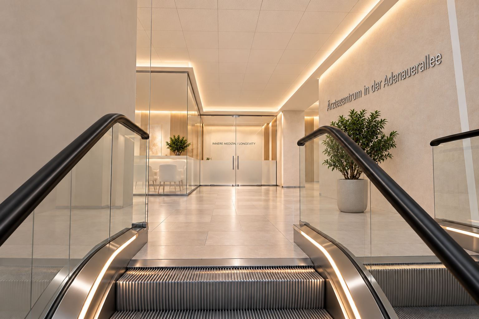 Gestaltungsansicht: Ankunft über die Rolltreppe im ersten Obergeschoss, mit Edelstahl und Sockel-LED